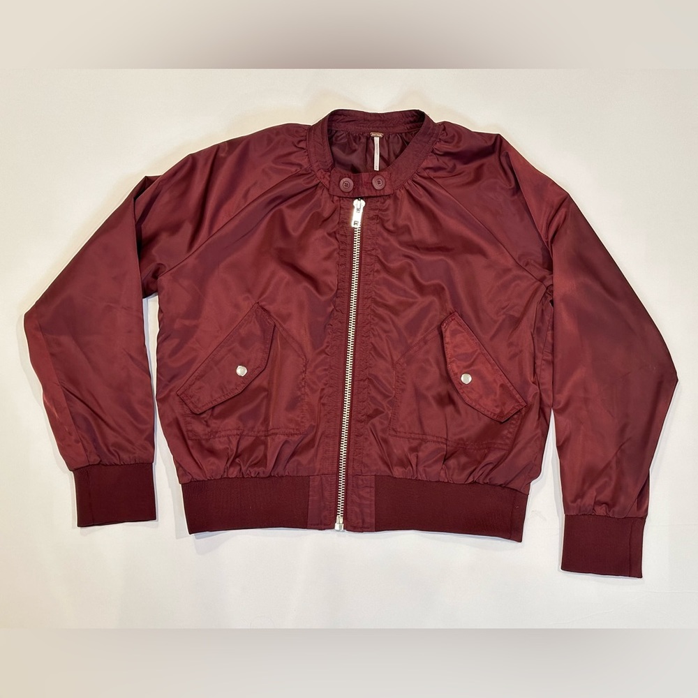 Free People Burgundy/Maroon Satin Bomber Jacket